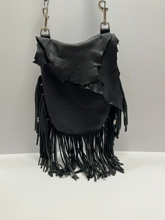 Chaps & Bags Handbags - Hand Crafted Leather Ladies Fringed Biker Hip Bag w/Detach Crossbody Strap Black
